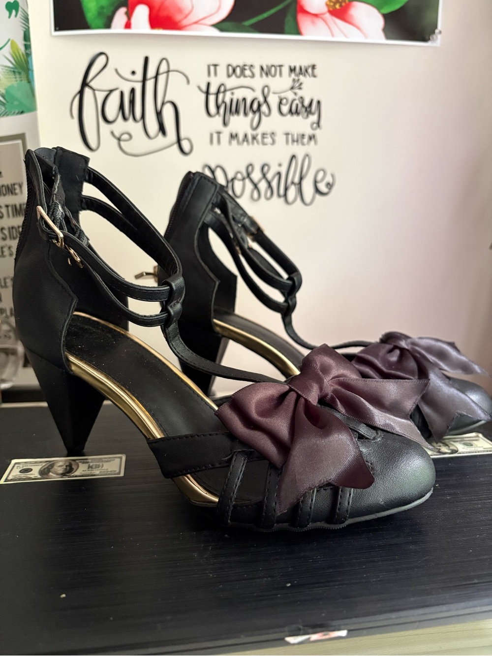 Avon Black Strappy Heels with Purple Satin Bow